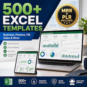 May include: A laptop and tablet displaying Excel templates with charts and graphs. The image includes the text "500+ Excel Templates" and "Business, Finance, HR, Sales & More." Additional text includes "Boost Productivity," "Save Time & Money," and "Easy to Use."