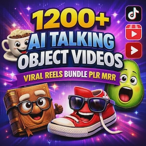 Puede incluir: Una imagen promocional con el texto "1200+ AI Talking Object Videos" y "Viral Reels Bundle PLR MRR". La imagen presenta objetos de dibujos animados, incluyendo una taza de café, un libro, un zapato y un aguacate, todos con caras expresivas. Se ven iconos de redes sociales.