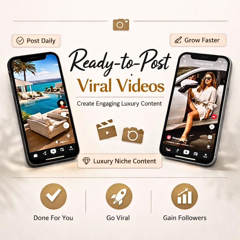 Pu&ograve; includere: Annuncio pubblicitario per "Ready-to-Post Viral Videos". Due smartphone mostrano contenuti di lusso. Il testo include "Post Daily", "Grow Faster", "Done For You", "Go Viral" e "Gain Followers". L'immagine presenta una fotocamera e una bobina.