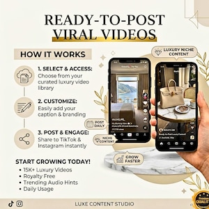 Pu&ograve; includere: Grafica promozionale per "Ready-to-Post Viral Videos" con passaggi: Seleziona e Accedi, Personalizza e Pubblica e Coinvolgi. Due smartphone mostrano contenuti di lusso. Il testo include "Inizia a crescere oggi!" e icone di social media.