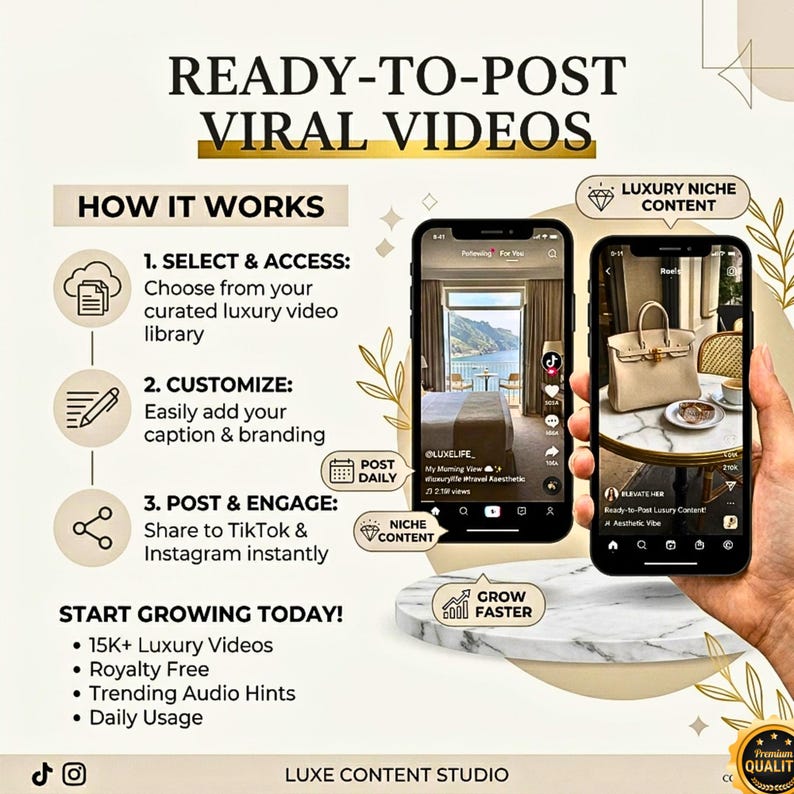 Pu&ograve; includere: Grafica promozionale per "Ready-to-Post Viral Videos" con passaggi: Seleziona e Accedi, Personalizza e Pubblica e Coinvolgi. Due smartphone mostrano contenuti di lusso. Il testo include "Inizia a crescere oggi!" e icone di social media.