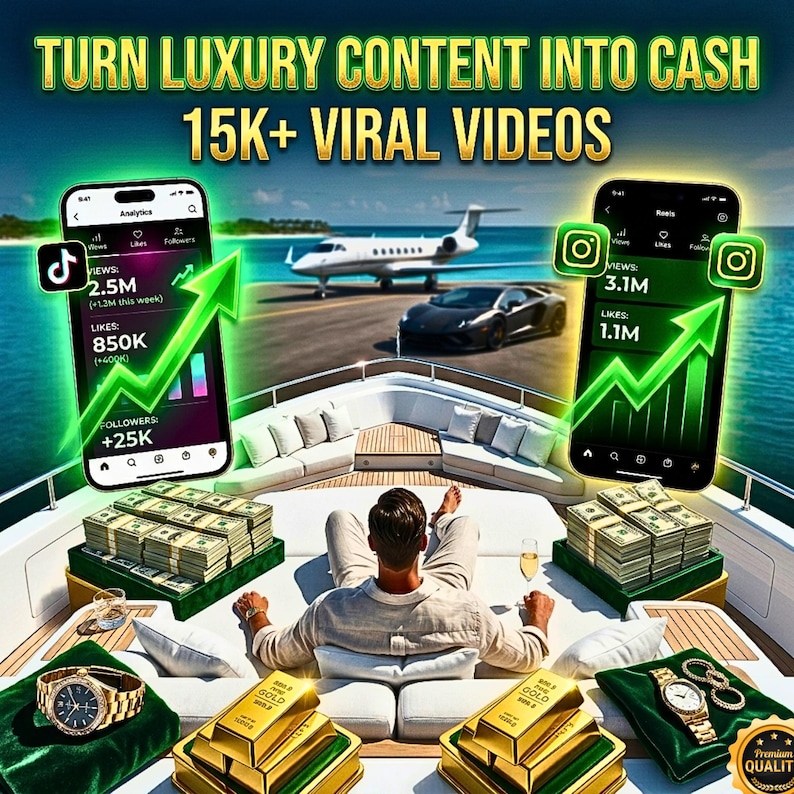 Pu&ograve; includere: Una pubblicit&agrave; che promuove la creazione di contenuti di lusso. L'immagine presenta uno yacht, pile di contanti, lingotti d'oro e smartphone che mostrano analisi dei social media. Il testo recita "TURN LUXURY CONTENT INTO CASH" e "15K+ VIRAL VIDEOS."