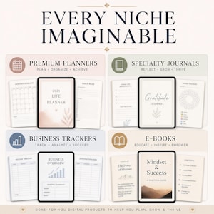 Puede incluir: Anuncio de productos digitales, incluyendo planificadores, diarios, rastreadores y libros electr&oacute;nicos. La imagen presenta tabletas con dise&ntilde;os de un planificador de vida 2024, un diario de gratitud y una descripci&oacute;n general del negocio. El texto dice "Every Niche Imaginable".