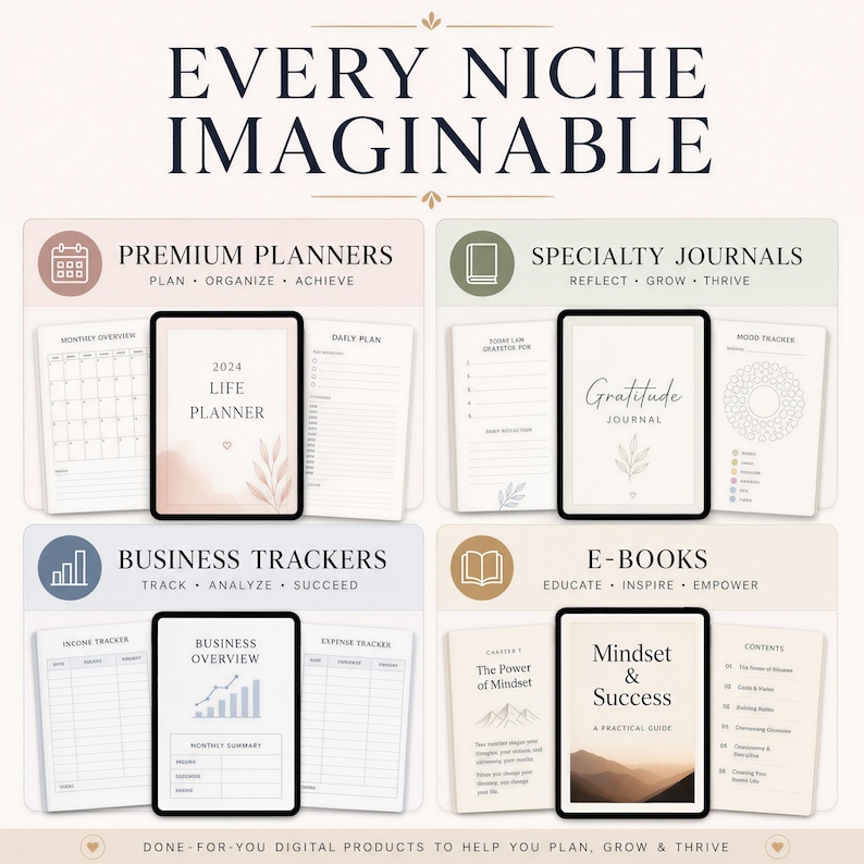 Puede incluir: Anuncio de productos digitales, incluyendo planificadores, diarios, rastreadores y libros electr&oacute;nicos. La imagen presenta tabletas con dise&ntilde;os de un planificador de vida 2024, un diario de gratitud y una descripci&oacute;n general del negocio. El texto dice "Every Niche Imaginable".