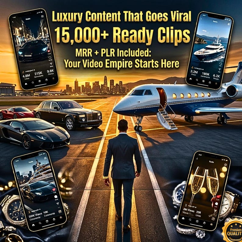 Pu&ograve; includere: Immagine che promuove contenuti di lusso con il testo "Luxury Content That Goes Viral 15,000+ Ready Clips". L'immagine mostra un uomo che cammina verso un jet privato, circondato da auto di lusso, smartphone e orologi.