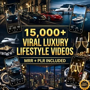 Könnte beinhalten: Werbung für Luxus-Lifestyle-Videos. Das Bild zeigt Smartphones, die Videos von Sportwagen, Yachten und Privatjets anzeigen. Der Text lautet "15.000+ VIRALE LUXUS-LIFESTYLE-VIDEOS" mit "MRR + PLR INKLUSIVE". Champagnergläser und Uhren sind ebenfalls zu sehen.