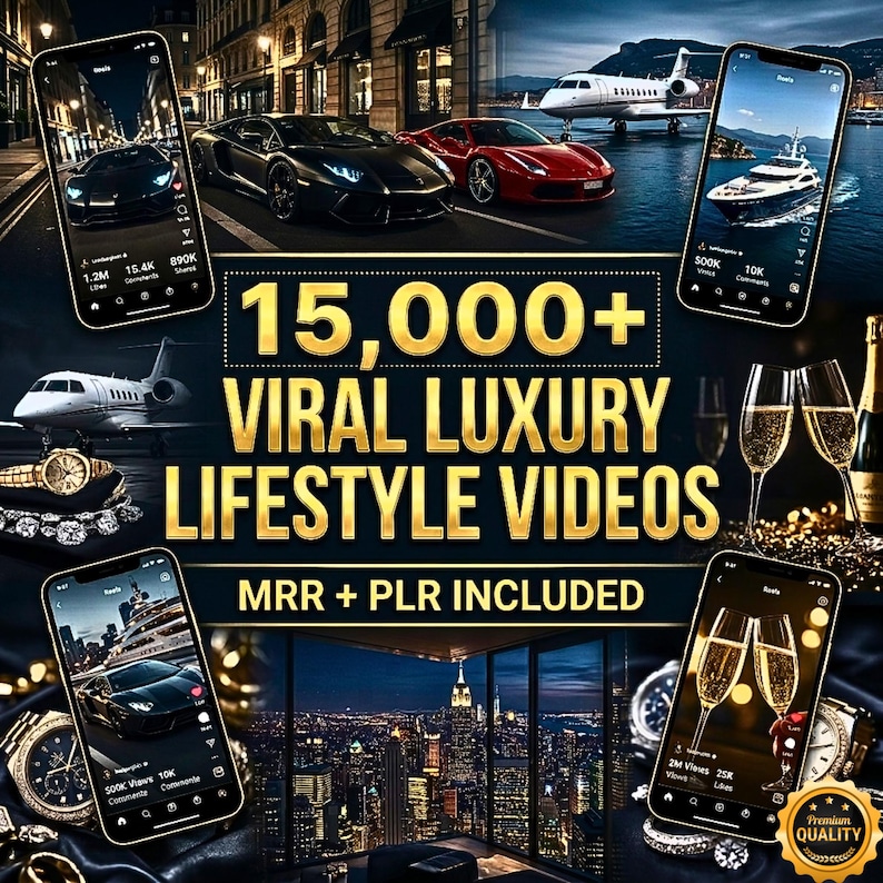 Pu&ograve; includere: Una pubblicit&agrave; con video sullo stile di vita di lusso. L'immagine include smartphone che mostrano video di auto sportive, yacht e jet privati. Il testo recita "15.000+ Video di lusso virali" con "MRR + PLR incluso". Sono visibili anche calici di champagne e orologi.
