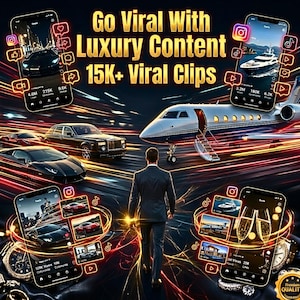 Pu&ograve; includere: Immagine che promuove la creazione di contenuti di lusso, con un uomo che cammina verso un jet privato. Gli smartphone mostrano contenuti di social media con auto, yacht e champagne. Il testo recita "Go Viral With Luxury Content 15K+ Viral Clips."
