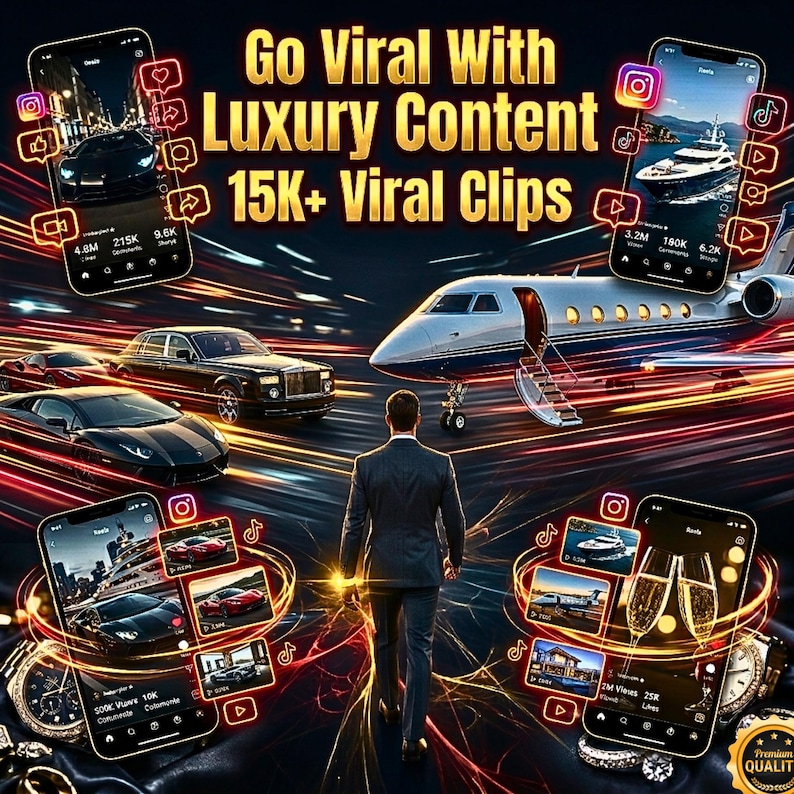 Pu&ograve; includere: Immagine che promuove la creazione di contenuti di lusso, con un uomo che cammina verso un jet privato. Gli smartphone mostrano contenuti di social media con auto, yacht e champagne. Il testo recita "Go Viral With Luxury Content 15K+ Viral Clips."