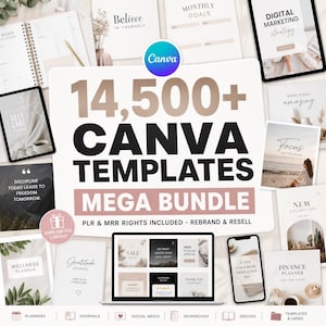 Puede incluir: Un paquete de productos digitales con m&aacute;s de 14.500 plantillas de Canva. La imagen muestra planificadores digitales, diarios y materiales de marketing. El paquete incluye derechos PLR y MRR. El logotipo de Canva es visible, con el texto "Mega Bundle."