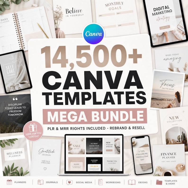 Puede incluir: Un paquete de productos digitales con m&aacute;s de 14.500 plantillas de Canva. La imagen muestra planificadores digitales, diarios y materiales de marketing. El paquete incluye derechos PLR y MRR. El logotipo de Canva es visible, con el texto "Mega Bundle."