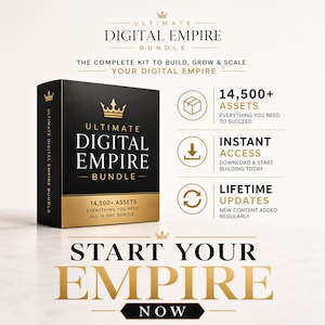 Puede incluir: Imagen promocional del "Ultimate Digital Empire Bundle". El conjunto de cajas negro y dorado presenta el texto "Ultimate Digital Empire Bundle". La imagen tambi&eacute;n incluye el texto "14.500+ Assets", "Instant Access" y "Lifetime Updates".