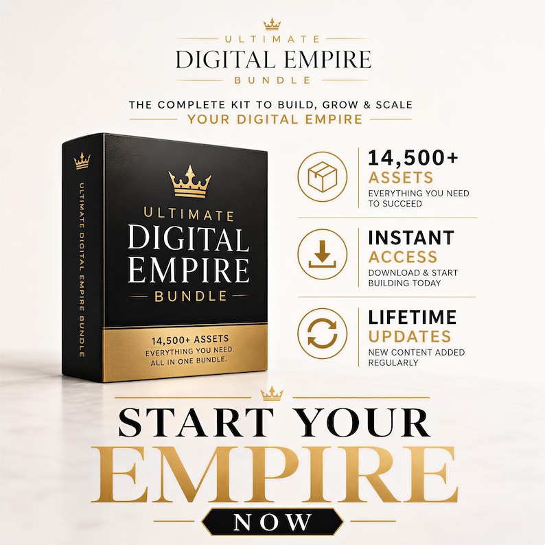 Puede incluir: Imagen promocional del "Ultimate Digital Empire Bundle". El conjunto de cajas negro y dorado presenta el texto "Ultimate Digital Empire Bundle". La imagen tambi&eacute;n incluye el texto "14.500+ Assets", "Instant Access" y "Lifetime Updates".