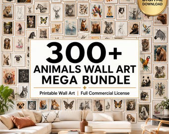 300 + Tier-Wand-Kunst-Set, druckbare Tierdruck-Set, Safari-Kinderzimmer-Dekor, Wildtier-Galeriewand, kommerzielle Nutzung PNG Digital Download