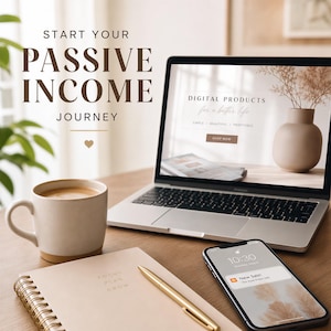 Puede incluir: Un port&aacute;til, un smartphone y un cuaderno est&aacute;n sobre un escritorio de madera. El port&aacute;til muestra un sitio web de productos digitales. El smartphone muestra una notificaci&oacute;n de "&iexcl;Nueva venta!". Tambi&eacute;n hay una taza de caf&eacute;, un bol&iacute;grafo y un cuaderno con el texto "Focus, Plan, Grow".