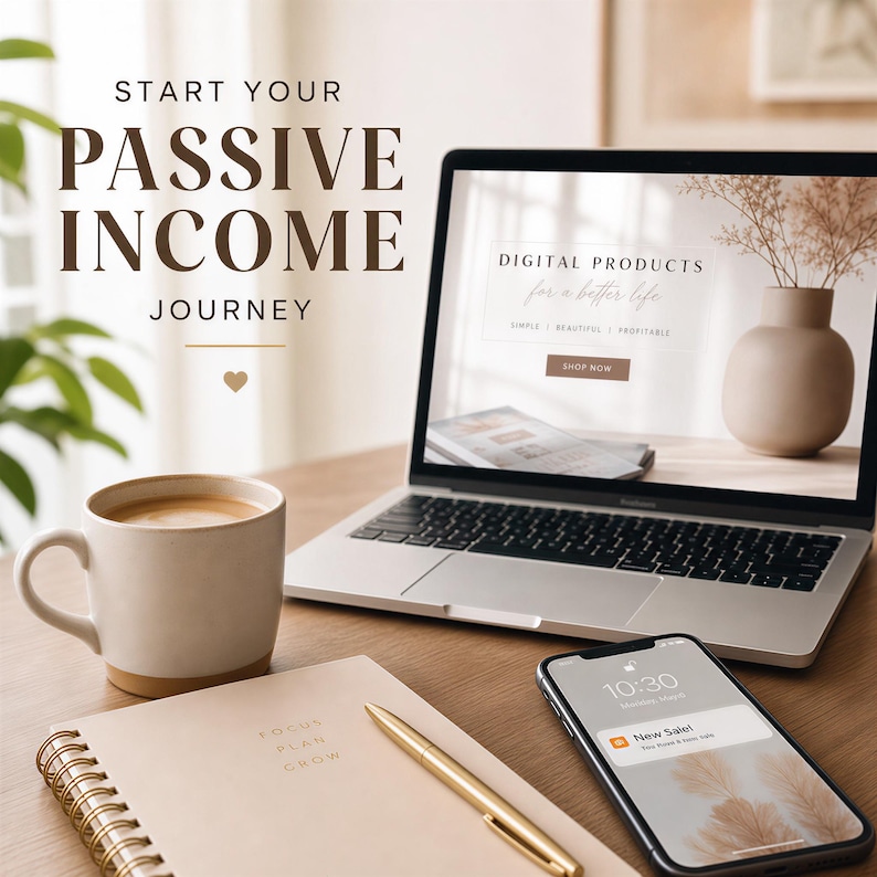Puede incluir: Un port&aacute;til, un smartphone y un cuaderno est&aacute;n sobre un escritorio de madera. El port&aacute;til muestra un sitio web de productos digitales. El smartphone muestra una notificaci&oacute;n de "&iexcl;Nueva venta!". Tambi&eacute;n hay una taza de caf&eacute;, un bol&iacute;grafo y un cuaderno con el texto "Focus, Plan, Grow".