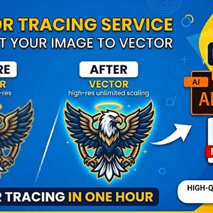 May include: An advertisement for a vector tracing service. The image shows a before-and-after comparison of an eagle illustration, highlighting the conversion from a low-resolution raster image to a high-resolution vector. File formats are displayed.