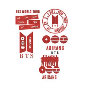 May include: A collection of red and white BTS-themed graphics. Includes text that reads "BTS WORLD TOUR," member names, and "2026." Other graphics include the BTS logo and the word "ARIRANG."