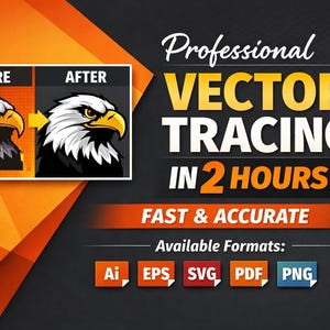 Könnte beinhalten: Grafik, die das Vektorisieren eines Adlers zeigt, mit einem Vorher-Nachher-Vergleich. Text wirbt für "Professionelles Vektortracing in 2 Stunden, schnell & präzise". Verfügbare Formate: AI, EPS, SVG, PDF, PNG.