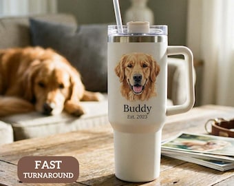 Aangepaste huisdierfoto beker van 40 oz / 30 oz met handvat, gepersonaliseerde roestvrijstalen reisbeker hond/kat