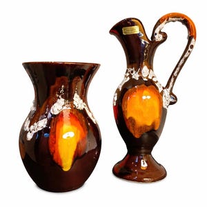 Set vintage di vaso e brocca in ceramica Vallauris Le Dauphin – Ceramica francese di metà secolo – Anni '60/'70 firmata – Smalto marrone scultoreo