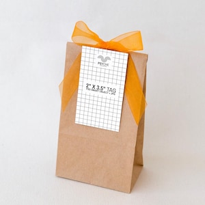 Puede incluir: Una bolsa de regalo de papel marrón con un lazo de organza naranja en la parte superior. Se adjunta una etiqueta rectangular blanca con un patrón de cuadrícula negra que muestra el texto PSYCHE, 2 X 3.5 TAG y PSD SMART OBJECT + JPG.