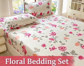 Floral Bed Sheet Set 3 Piece, Soft Printed Bedding Set with Pillowcases, Queen King Size Fitted Sheet, Cozy Bed Linen