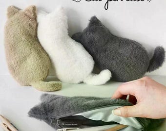 Plush Cat Pencil Case, Kawaii Stationery Pouch, Gift for Girls