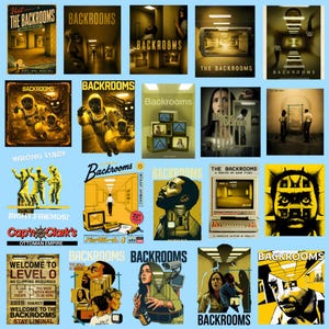 Peut inclure: Une collection de vingt affiches sur le thème des Backrooms, présentant des couloirs aux tons jaunes, des personnages en combinaisons hazmat, des écrans d'ordinateurs vintage et divers textes comme Visit The Backrooms et Welcome to Level 0.