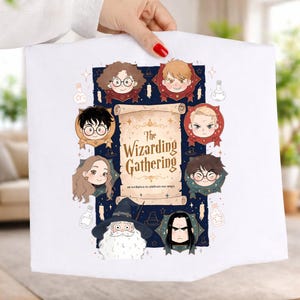 May include: White square fabric featuring a colourful illustration with cartoon characters and the text "The Wizarding Gathering". The design includes a scroll and magical elements.