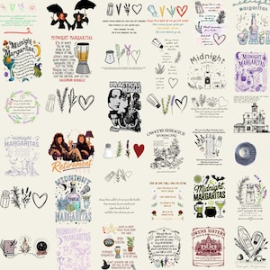 Puede incluir: Una colección de ilustraciones digitales con temas de Practical Magic, que incluyen saleros, ramas de lavanda, corazones, botellas de tequila, licuadoras y citas de texto como Midnight Margaritas y Owens Sister's Apothecary sobre un fondo crema.