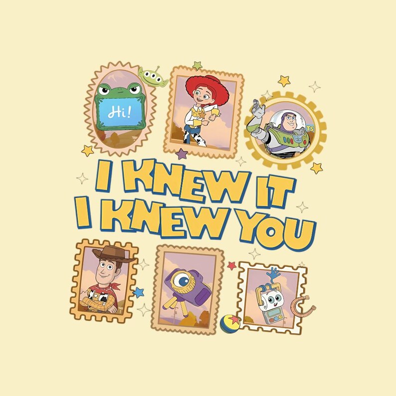 May include: A graphic print featuring Toy Story characters including Woody, Jessie, Buzz Lightyear, and others in framed postage stamp-style borders. The text "I KNEW IT I KNEW YOU" is centred in bold yellow letters with blue outlines on a light yellow background.
