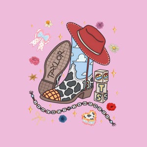May include: A graphic illustration on a pink background featuring a cow-print cowboy boot with a blue sky and cloud pattern, a red cowboy hat, and a boot sole labeled TAYLOR. Includes blocks with letters T, S, and 13, and a beaded string reading I KNEW IT.