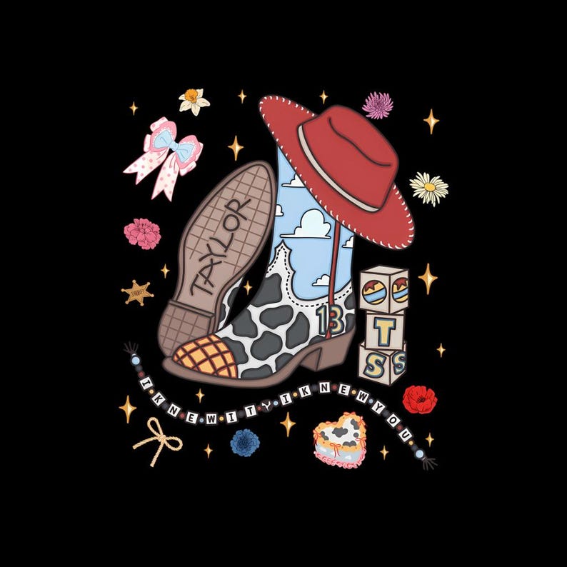 May include: A graphic illustration featuring a cow-print cowboy boot with a blue sky and cloud pattern, a red cowboy hat, a bow, blocks spelling BTS, and a beaded string with the text I KNEW IT I KNEW YOU. The boot sole reads TAYLOR.