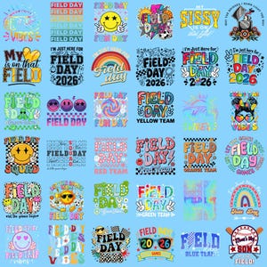 Pode incluir: Uma coleção de designs gráficos coloridos com as palavras "Field Day" em vários estilos. Os designs incluem rostos sorridentes, arco-íris e o texto "2026". O fundo é azul claro.