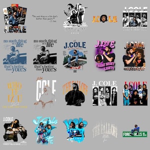 May include: A collection of twenty graphic designs featuring J. Cole, including various portraits, concert photography, and typography. The images display album titles like The Fall Off, 2014 Forest Hills Drive, and The Come Up, alongside lyrics and signatures.