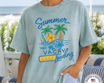 Summer Vacay Loading Retro Beach Vacation T-Shirt, Tropical Palm Tree Graphic Tee