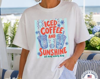 Iced Coffee Sunshine Retro Graphic Tee, Coastal Beach Top