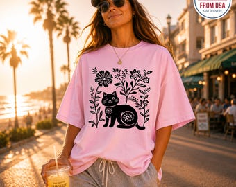 Linocut Folk Art Cat Shirt, Minimalist Floral Cat Comfort Colors® T-Shirt, Scandinavian Style Graphic Tee, Botanical Cat Lover Gift