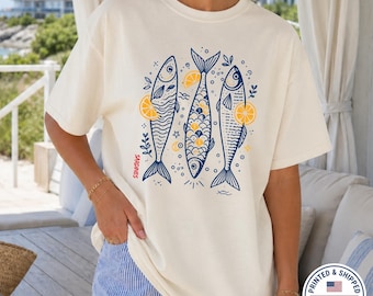 Hand Drawn Sardines T-Shirt: Coastal Summer Beach Tee