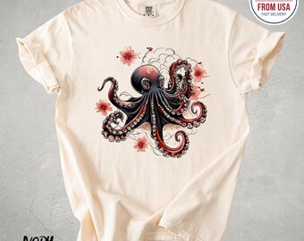 Japanese Octopus Shirt, Floral Sea Creature Comfort Colors® Tee, Retro Vintage Kraken Top, Botanical Nautical Gift