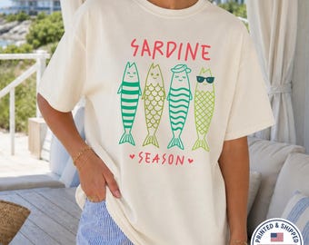 Sardine Season Comfort Colors T-Shirt, Retro Fish Graphic Tee, Euro Summer Beach Apparel