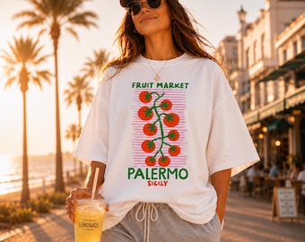Palermo Sicily Fruit Market T-Shirt - Retro Tomato Graphic Comfort Colors® Tee - Italian Summer Vibes Shirt - Vintage Sicily Souvenir