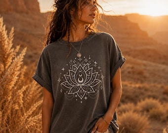 Celestial Lotus Flower Comfort Colors® T-Shirt, Moon Phase Spiritual Graphic Tee, Mystical Mandala Yoga Shirt, Witchy Boho Lotus Gift