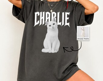 Custom Cat Shirt with Photo, Personalized Pet Graphic Tee, Vintage Heavy Metal Font Cat Name Tee, Custom Kitten Photo Apparel Gift for Mom