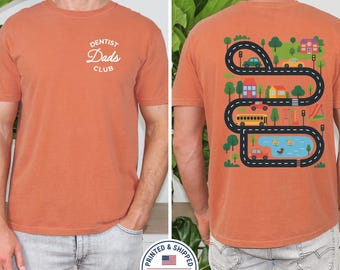 Dentist Dad Shirt, Fathers Day Car Track Tee, Personalizable Dads Club T-Shirt, Funny Dentist Gift, Road Map Back Print Play Mat Top