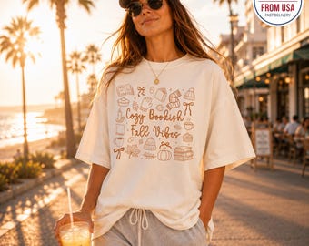 Cozy Bookish Fall Vibes Shirt, Fall Doodle Comfort Colors® T-Shirt, Autumn Reading Graphic  Tee, Halloween Book Lover Gift
