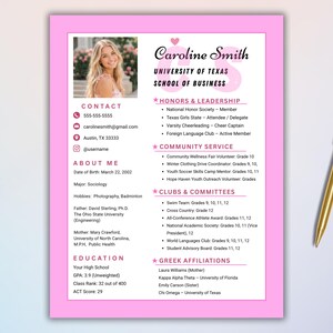 Modèle de CV rose rush de sororité avec photo | Pack Rush PNM | CV rose minimaliste | Greek Life Recruitment | CV féminin universitaire
