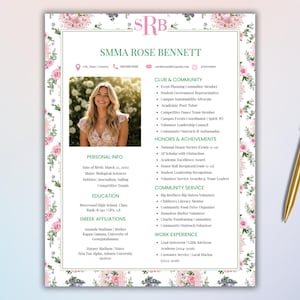 Currículo Floral Rosa para o Processo Seletivo de Irmandades | Currículo para a Semana de Recrutamento no Canva | Modelo de Currículo Pan-Helênico | Currículo para a Vida Universitária | Estética Cottagecore