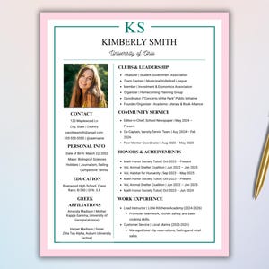 Sorority Rush Lebenslauf Vorlage mit Foto | Rosa Teal Minimalist Lebenslauf Leinwand | Panhellenische Lebenslauf | Griechische Lebenslauf | PNM Preppy Lebenslauf